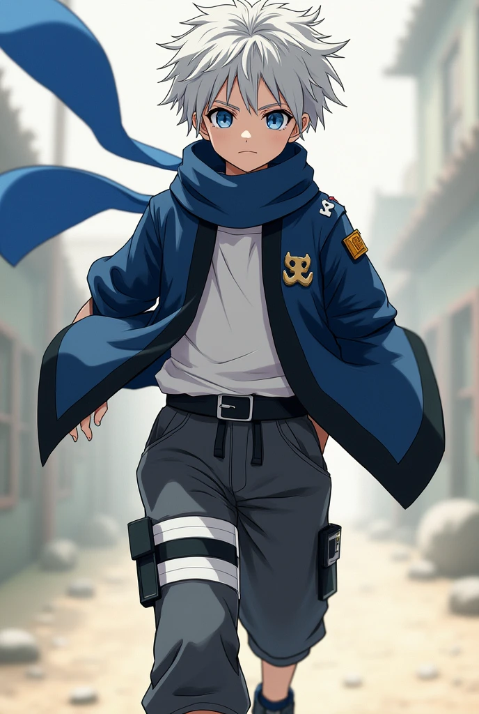 Sans is a 12-year-old boy with a slim build and average height.. He has short, messy, ash-white hair., which gives it a distinctive air. His eyes are large and deep blue., reflecting both his intelligence and his playful personality.CLOTHES:
Instead of his classic blue sweatshirt, Sans wears a dark blue shinobi-style jacket with black details.. The jacket design includes a bone symbol on the shoulder, giving a nod to its original heritage. under the jacket, He wore a simple white t-shirt. His pants are baggy and dark grey in color., typical of ninjas, allowing you to move easily. on your feet, He wears the characteristic sandals of the ninjas of the world of Naruto.. besides, He wears a blue scarf that adds a touch of style and flows behind him when he runs..