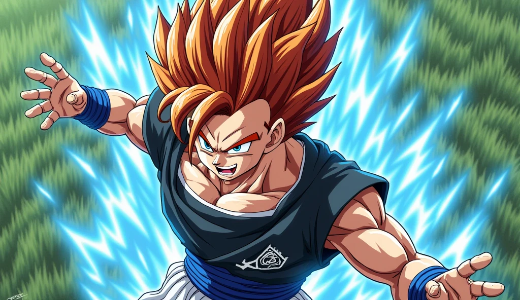 Supreme Super Saiyan, high hair, chestnut hair, black and white clothes, clothes with blue lines, DBZM Dragon Ball, Dazzling aura, lots of action, black and gray clothes, lots of Ki energy, grass background, robotic