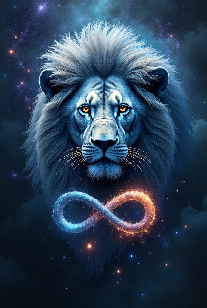 Face of a lion emerging from the cosmic universe and an infinity symbol showing the immensity 





