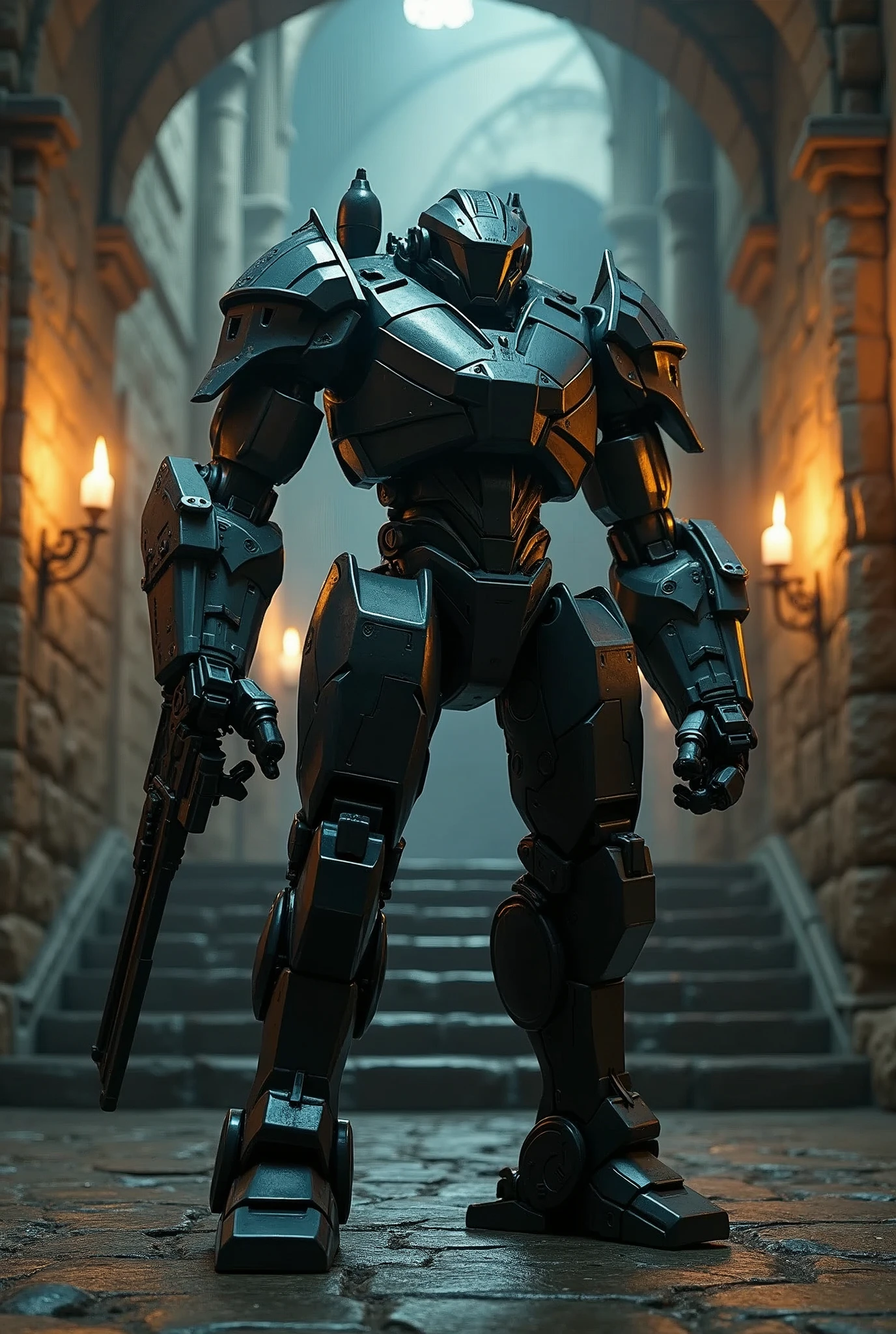 (Artwork:1.2), (best quality:1.2), 8k, HDR, ultra detaild, ((photorrealistic)), professional light, cinematic lighting, fashion shooting, ambient lighting, fund, a dark medieval dungeon, darkness, epic photo, fire, staircase, A war robot, has no arms weapons instead of arms ,