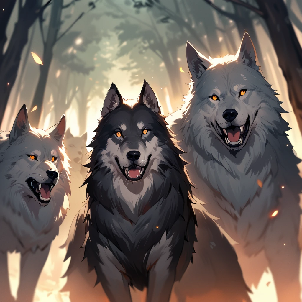 a group of large wolves in a dark forest in the middle of the pack stands a large black female wolf with orange eyes staring at viewer, growling and chasing a group of travelers