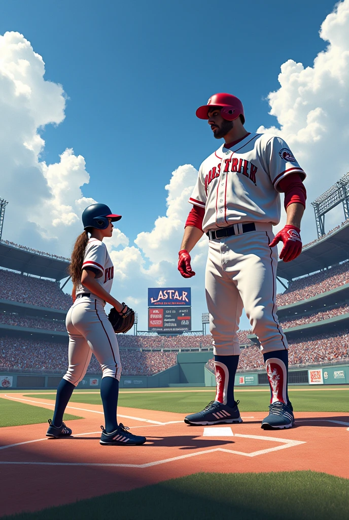 Baseball stadium background with female batter and large Batter in front with the phrase ALL-STAR GAME