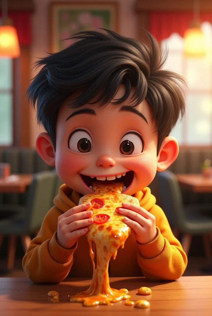 The boy from 8 eating pizza