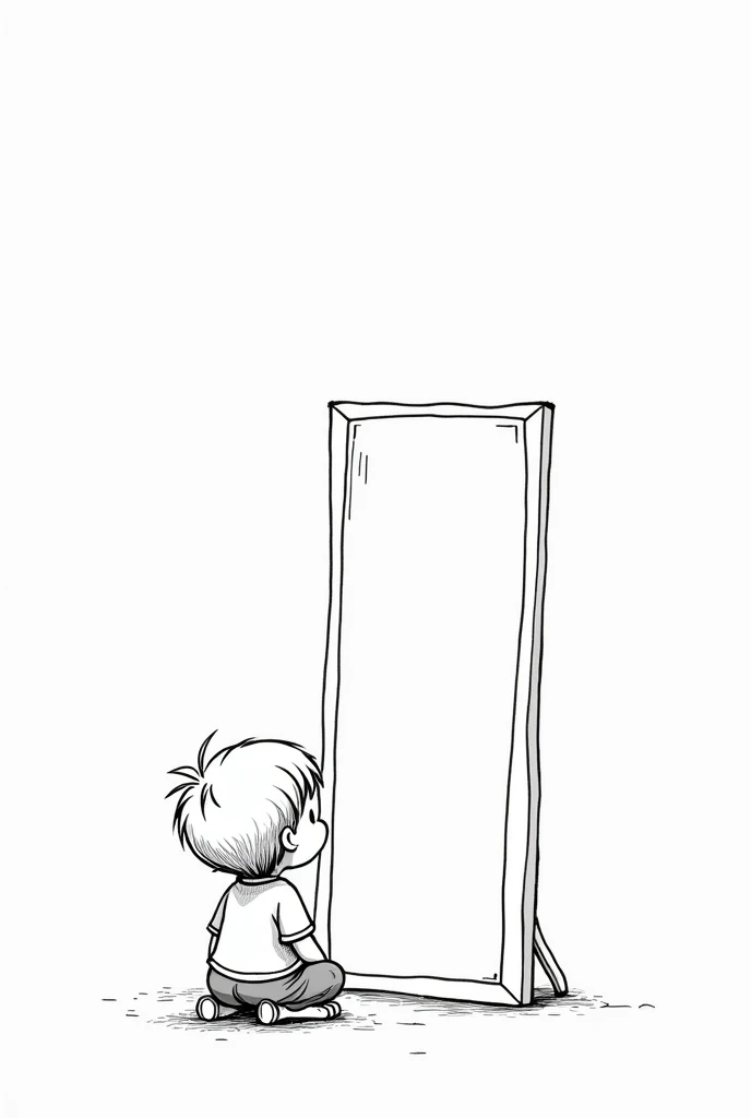 a boy looking into a mirror, line art with few details, black and white