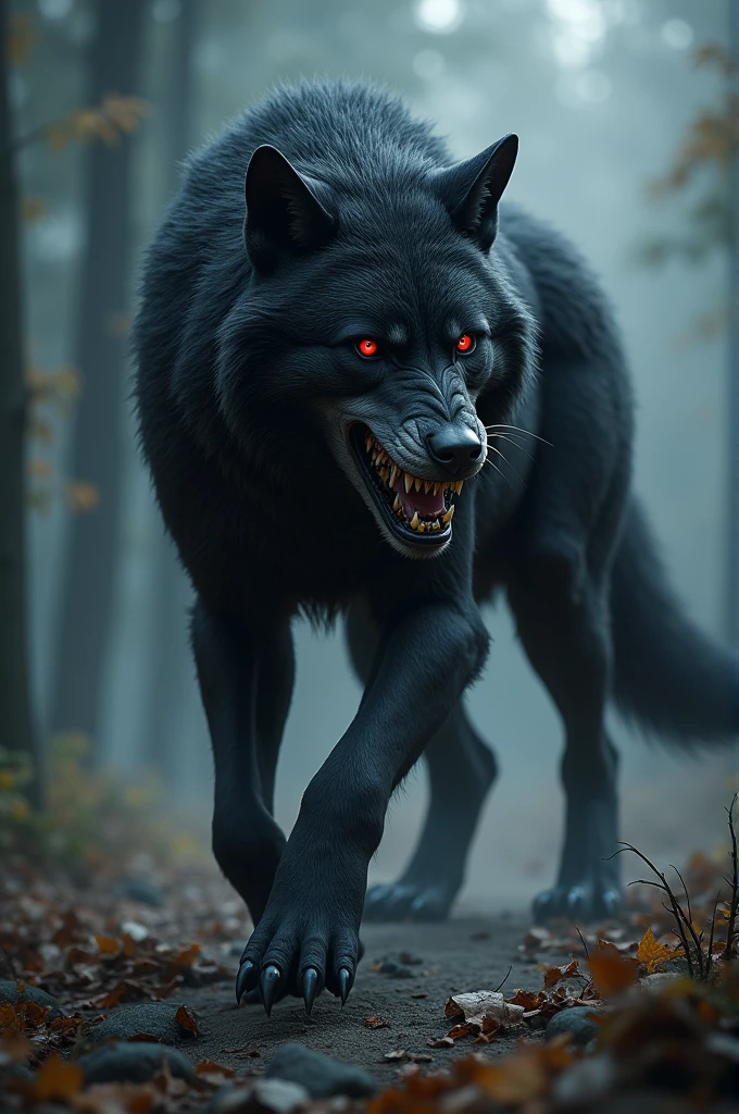Werewolf: hybrid type between man and wolf, carmine red eyes, jet black fur, with defined muscles, alfa, high, Raised, imposing, with reasoning