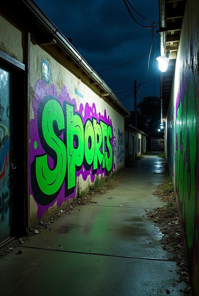 I need a background photo with street art in green and purple colors., on the wall written RJ Sports, in some suburb background, some really dirty art, in some alley