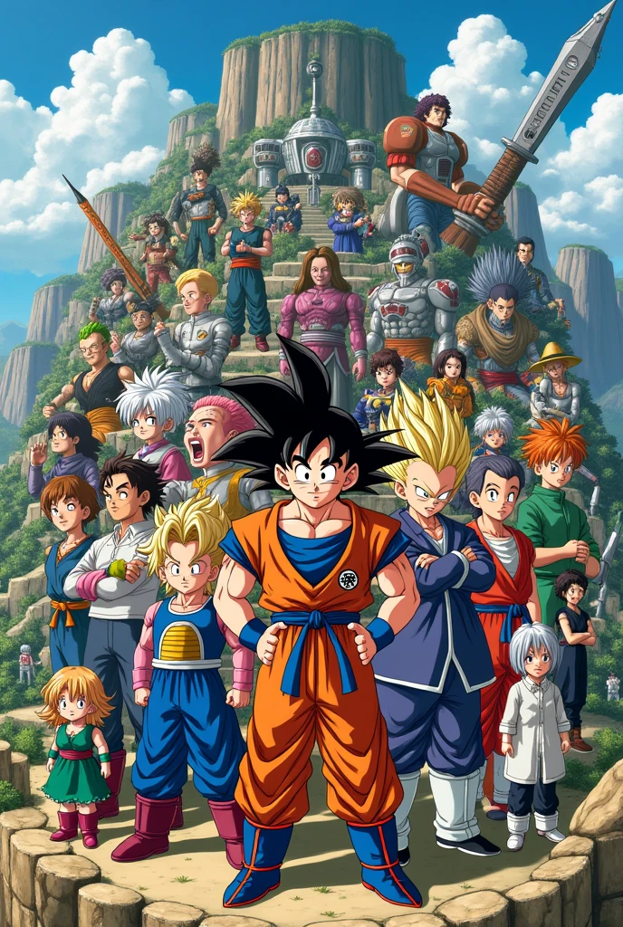 Create me a picture of all the characters from all of Akira Toryama's works