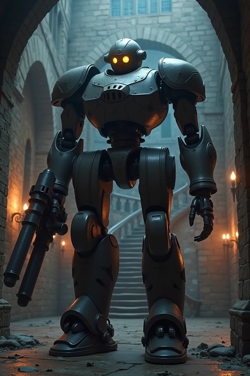 (Artwork:1.2), (best quality:1.2), 8k, HDR, ultra detaild, ((photorrealistic)), professional light, cinematic lighting, fashion shooting, ambient lighting, fund, a dark medieval dungeon, darkness, epic photo, fire, staircase, A war robot, has no arms weapons instead of arms ,