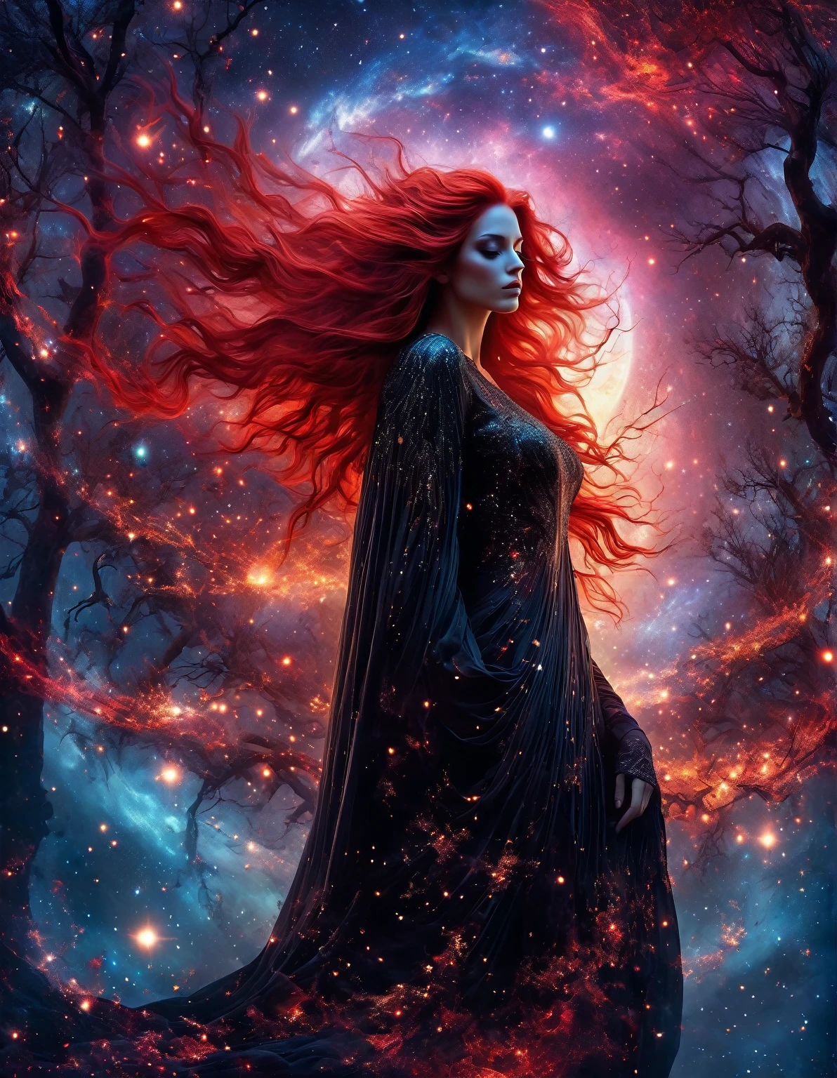 (best quality,4k,8k,highres,masterpiece:1.2),ultra-detailed,(realistic,photorealistic,photo-realistic:1.37),sinister female woman with red hair from the depths of the universe,elegant appearance,pale skin ,(extra-long,extremely detailed) ,smoke and fog,cosmic background with stars and galaxies,celestial scenery,mystical energy,ethereal glow,otherworldly beauty,nebula dust and scattered planets,lunar eclipses and shooting stars,galactic dust and lighting,cursed and forbidden beauty,glowing dark wings with intricate patterns,black silhouette of jagged mountains,enchanted glowing forest with twisted trees,phosphorescent flowers and plants,bloody crimson moon,fractured dimensions and portals,crackling electricity and energy sparks,hauntingly beautiful,deceptive and captivating,female manipulation and supernatural power,mysterious and alluring,powerful and untamed,fearful and respected,gothic and surreal art style,vivid contrasting colors,black and red color palette,dramatic lighting with deep shadows,juxtaposition of light and darkness.