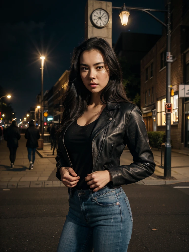 Jessica Henwick with long black hair wearing a black leather jacket, a white t-shirt, and blue jeans, standing in a city street, (best quality,4k,8k,highres,masterpiece:1.2),ultra-detailed,(realistic,photorealistic,photo-realistic:1.37),beautiful detailed eyes,beautiful detailed lips,extremely detailed eyes and face,longeyelashes,urban environment,city buildings,street lamps,cinematic lighting,warm tones