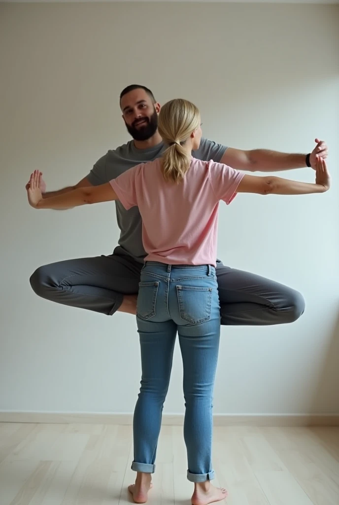 Hijab woman in jeans, doing yoga with boyfriend