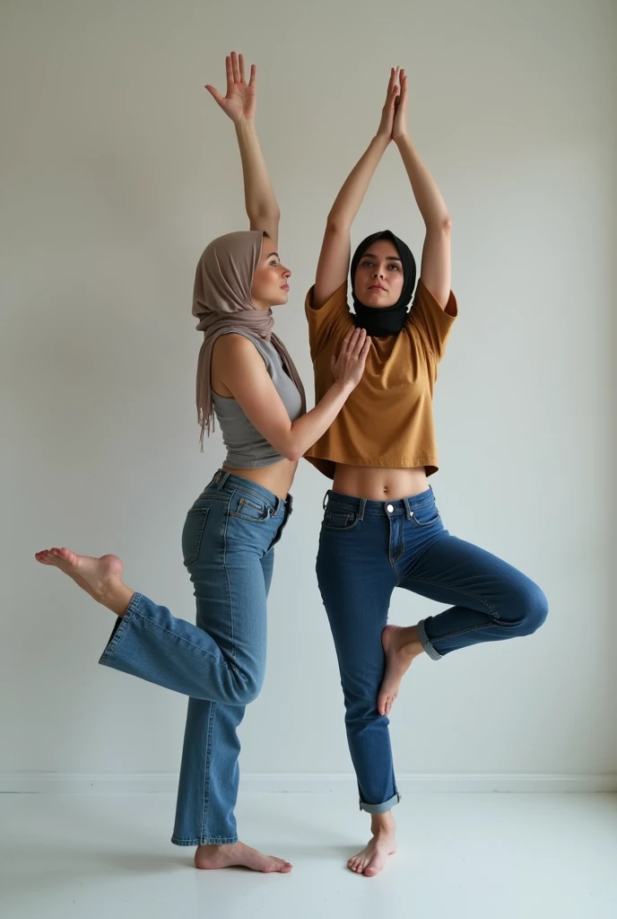 Hijab woman in jeans, doing yoga with boyfriend