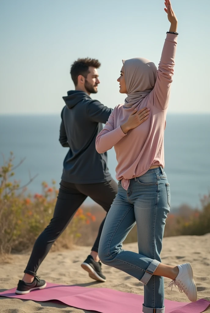 Hijab woman in jeans, doing yoga with boyfriend