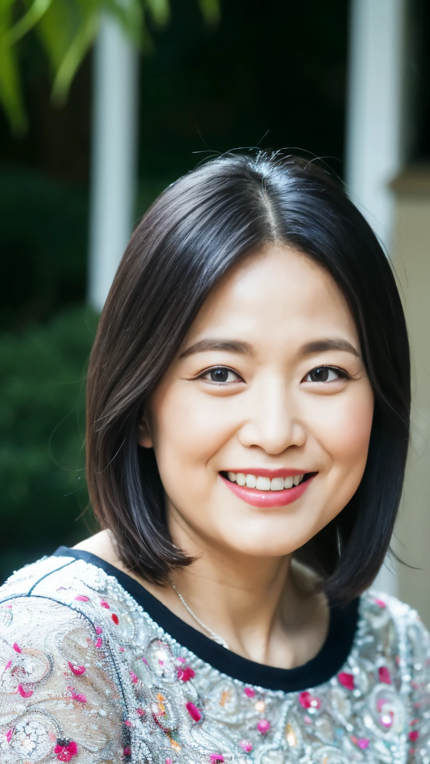 最high quality, In 8K, whole body, Real, Upper Body, high quality, High resolution, Detailed face, Detailed eyes, Thick lips, (Look at the viewers), alone, Middle-aged women, , 60 years old, , Wavy Hair, , Wearing short sleeves, Standing in front of a fountain, Wrinkles around the eyes, Smiling with teeth showing, Background Blur