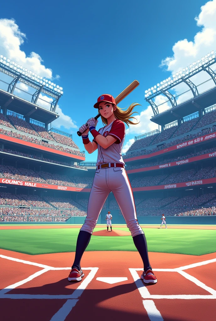 Baseball stadium background with female batter and Batter in front with the phrase ALL-STAR GAME