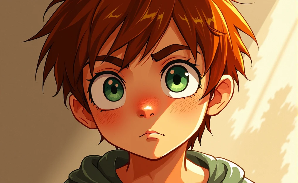 Person: The illustration shows a young-faced boy with an intense and focused expression. Her eyes are light green, vibrant and full of life, and seem to look directly at the viewer with a pensive gaze.
Hair: The character has messy and voluminous hair, reddish brown. The strands of hair are drawn with loose and dynamic strokes, giving it a sense of movement and energy.
Light Effects: There is a play of warm lights and shadows on the face and hair, suggesting lighting coming from one side, possibly from a natural light source such as the sun. This adds an effect of warmth and realism to the image.
Background: The background is abstract and undefined, which helps to focus attention on the character's face. The use of brown and ochre colors in the background complements the warm tones of the character's skin and hair.
Style: The artistic style is loose and expressive, with visible strokes and a warm color palette that give a feeling of warmth and naturalness. The technique seems to mix freehand sketches with a touch of digital color.
