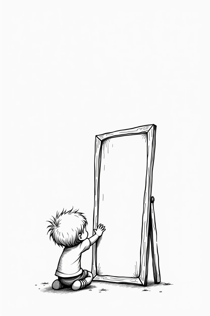 a boy looking into a mirror, line art with few details, black and white