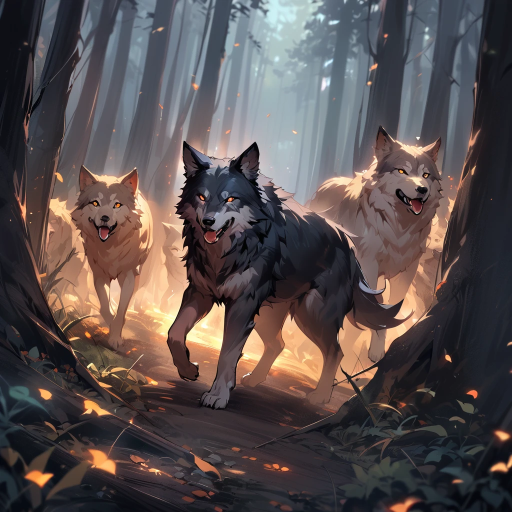 a group of large wolves in a dark forest in the middle of the pack stands a large black female wolf with orange eyes staring at viewer, growling and chasing viewer