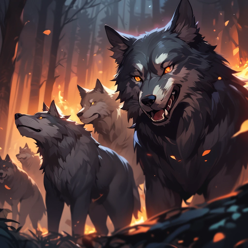 a group of large wolves in a dark forest in the middle of the pack stands a large black female wolf with orange eyes staring at viewer, growling and chasing viewer