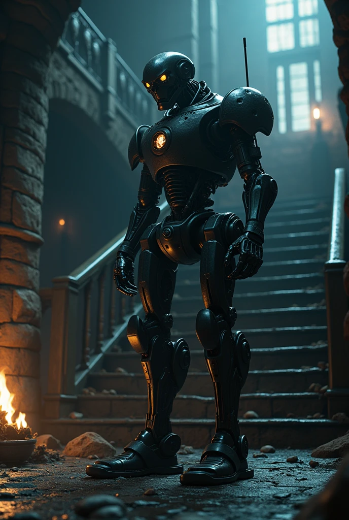 (Artwork:1.2), (best quality:1.2), 8k, HDR, ultra detaild, ((photorrealistic)), professional light, cinematic lighting, fashion shooting, ambient lighting, fund, a dark medieval dungeon, darkness, epic photo, fire, staircase, A war robot, has no arms weapons instead of arms , non-humanoid , without arms , love instead of arms