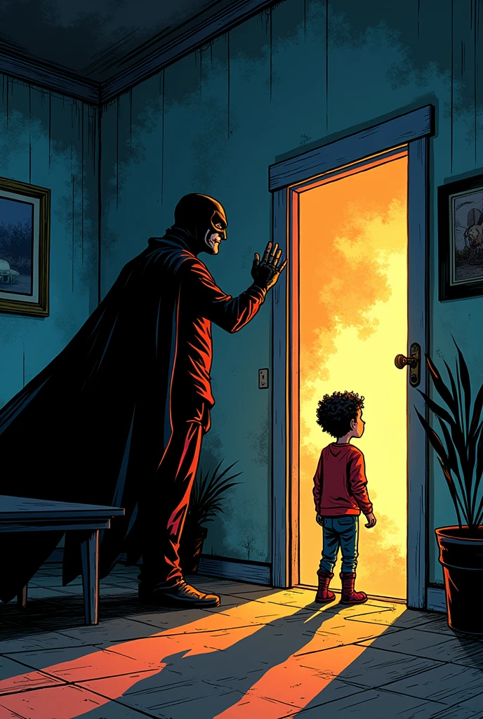 Comic book style Vignette 6:
Justo cuando Pike el niño comienza a apagar las luces y dispositivos, aparece shadow, The villain of energy waste.
shadow: "Don't pay attention! Leave everything on! What difference does it make?"
Pike (determinedly): "¡No, shadow! I know that's wrong!"