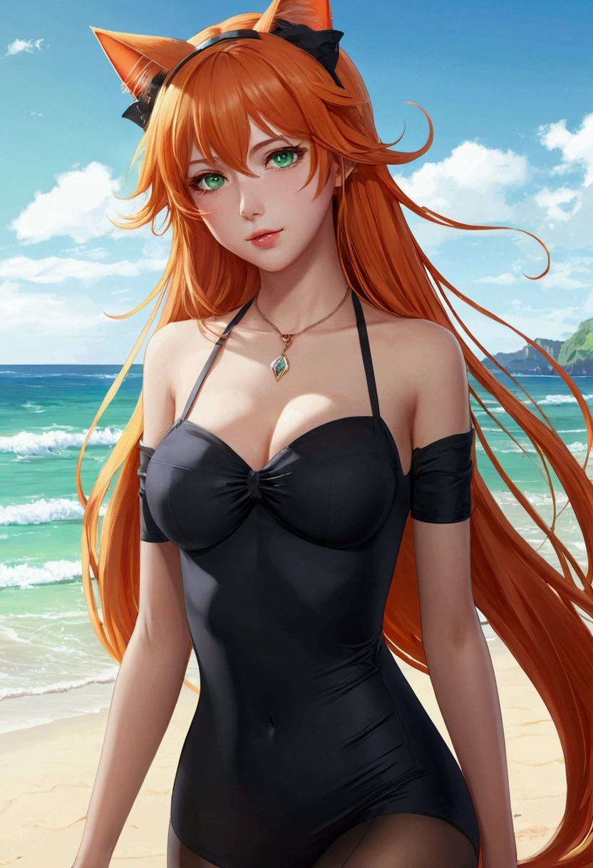 anime girl with long orange hair standing on beach near ocean, green eyes detailed digital anime art, cat ears, , anime girl with long hair, smooth anime cg art, anime girl with long hair, average breast size, digital anime art, artwork in the style of guweiz, beautiful anime portrait, photorealistic anime girl render, beautiful anime girl, advanced digital anime art, pantyhose, guweiz on artstation pixiv upscale HD UHD HQ
