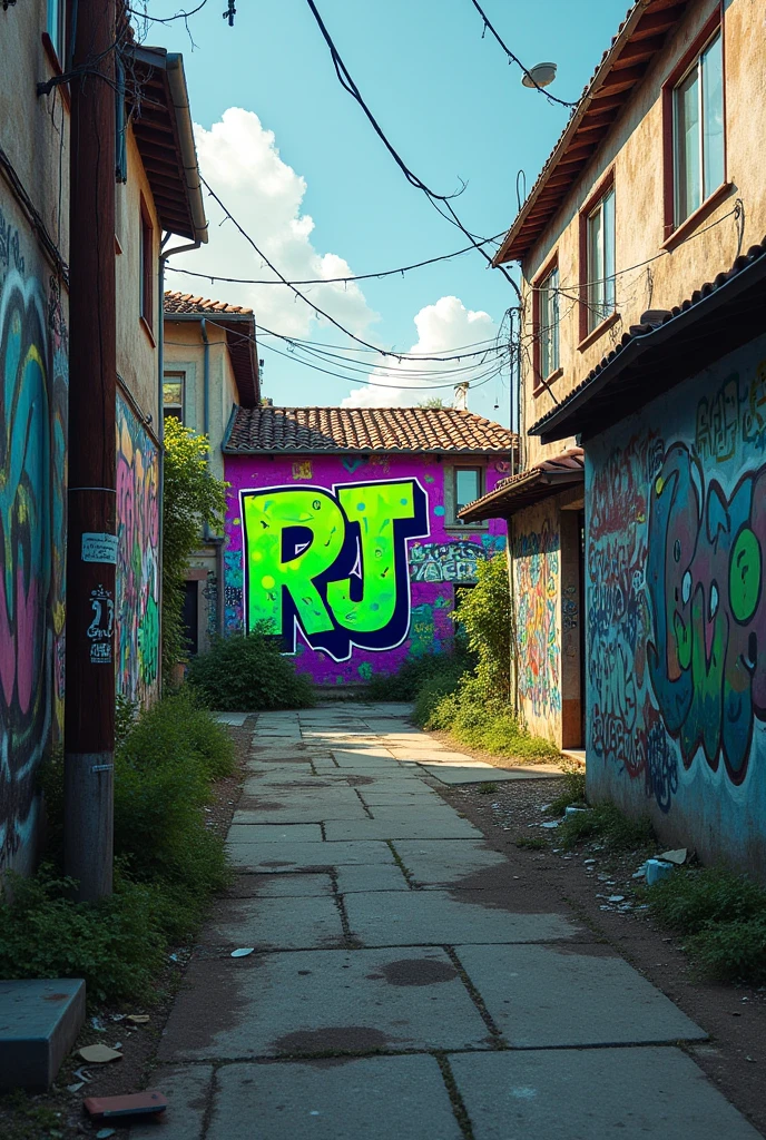 I need a background photo with street art in green and purple colors., on the wall written RJ Sports, in some suburb background, some really dirty art, in some alley