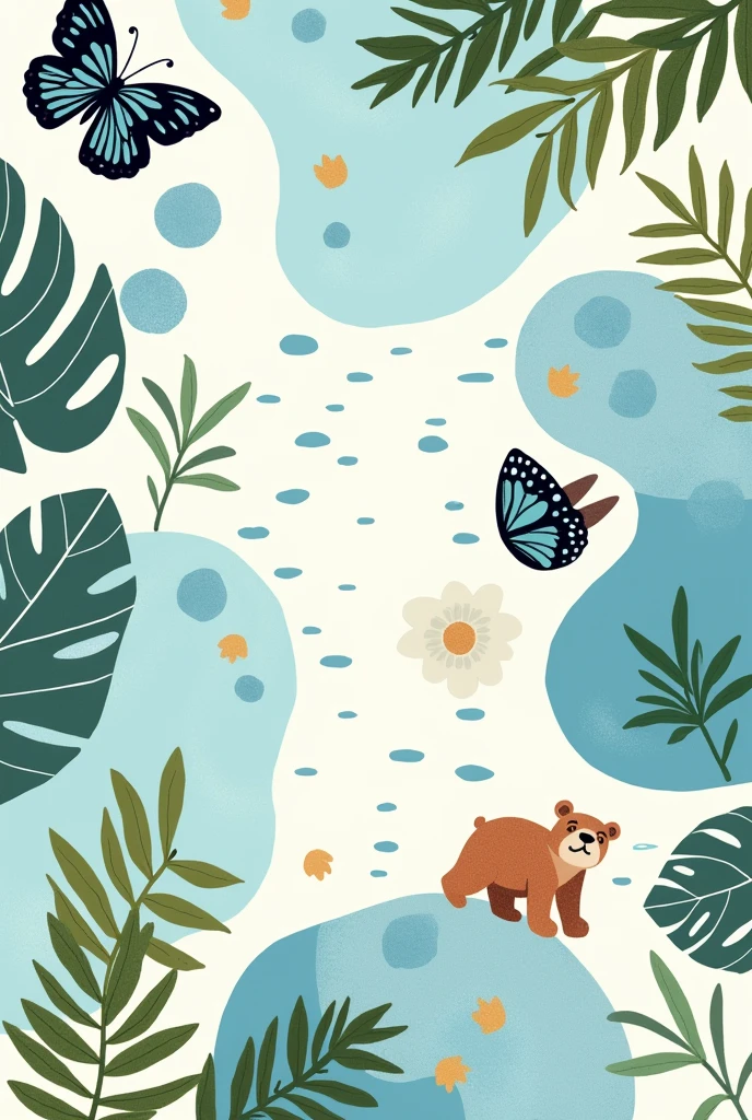 A lovely, balanced pattern that integrates water, butterfly and bear in a fluid and natural composition. The design seeks to capture the essence of a serene and vibrant environment, where each element contributes to a cohesive and visually appealing scene.