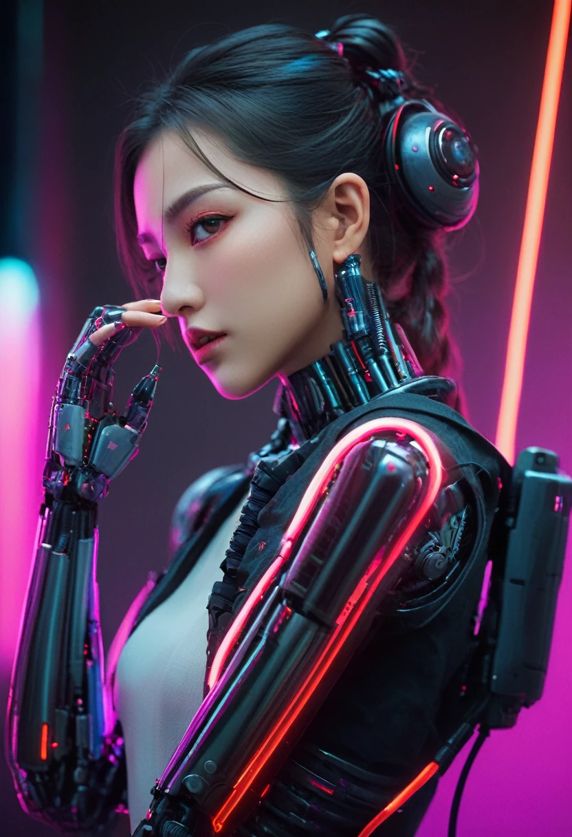 xxmixgirl. Highly detailed professional 35mm film, bokeh, face in sharp focus. A robotic female, Miku, with ((metal skin)), ((perfect Asian eyes)) with magenta irises and ((black pupils)), beautiful serious (detailed face), 18 year old ((photorealistic face)), very long magenta twin tails of magenta hair, twin black hair ties with a single red stripe. She may have a black audio headpiece. We can see her ((full body)) down to her boot soles. Her outfit is a sleeveless collared light grey shirt, outlined in red around the frilled collar and hems. Shiny reflective ((metallic breast cups, dimpleless)), invisible nipples. She wears black sleeves with red hems that start around her upper arm and bellow out as the sleeves open and extend to her wrists, with wide trumpet red rimmed cuffs. She has perfect robotic (detailed hands). She wears a red colored tie with two horizontal solid parallel black lines halfway across. She wears a fabric black skirt with a horizontal red hem at the bottom all the way around; her (((black skirt wraps around her))) and ((her skirt completely covers)) her robotic waist and thighs. Tall black boots with red bottom soles, a red rim around the top at her thighs. Her mechanical shoulder joints are visible. We can see her robotic legs and robotic neck. Half of her is covered with shiny polished machinery. The background is a distant dark neon futuristic Japanese city, gold, cyan, violet neon, near harbor or mountains.