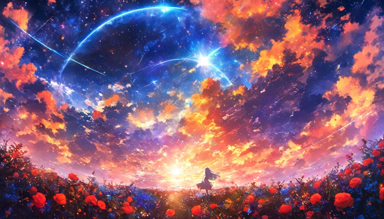 masterpiece, Concept Art, Panorama, in the center, shape, Wide Shot, garden, night, (meteor), Space galaxy background, (Great composition, Epic Scale), Dynamic Lighting, Bright colors, Blue rose,Landscape Long Eyelashes, Round eyes, Silver Hair, Half-closed eyes, sad, Cast a Shadow, Anaglyph, Stereogram, tachi-e, Atmospheric perspective, Wide Shot, reflected light, 8k, Super Detail, Highest quality, Anatomically correct、One Girl