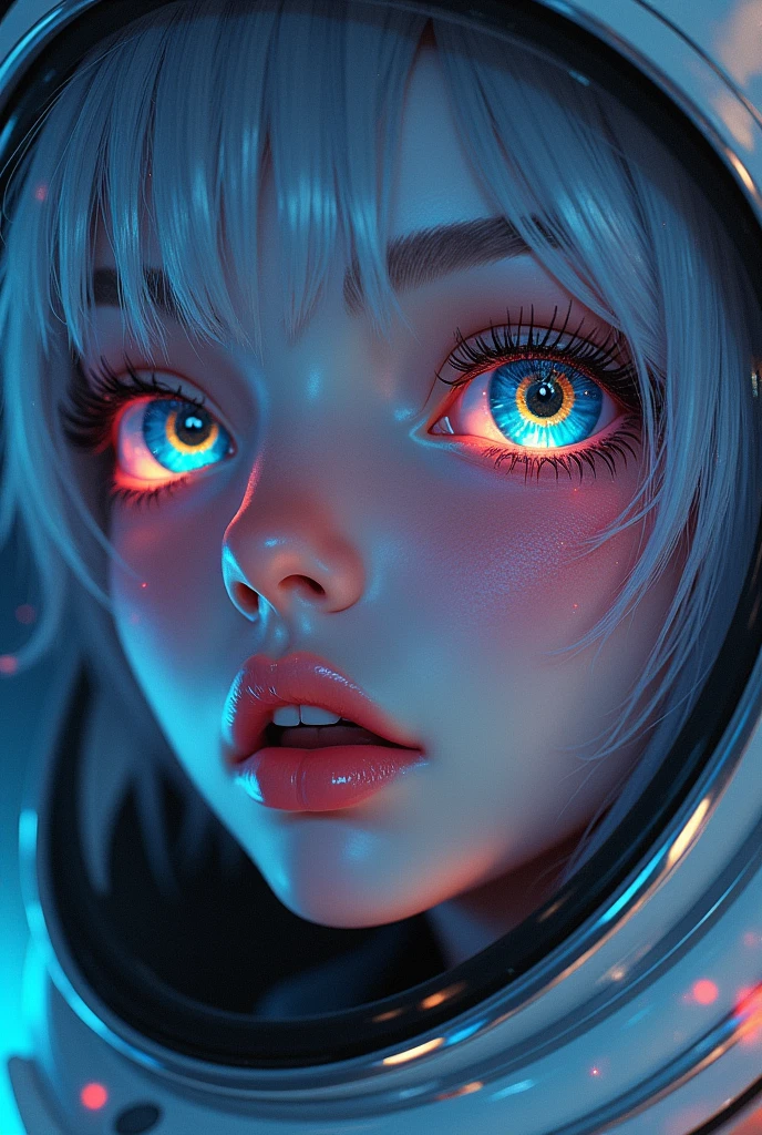 (Close-up of a better masterpiece:1.5)0.9], (Space and astronauts:1.2) (Messy silver hair:1.1) (Heterochromia xanthochromia and blue eyes:1.2) (Space Helmet:1.0) (Colored stars in the eyes:1.0) (A radiant glow:1.1) (thick lips:0.9)