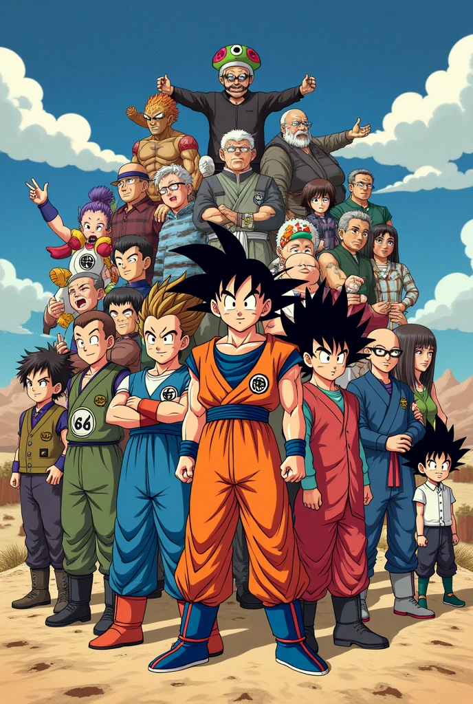 Pour obtenir une image représentant tous les personnages des œuvres d'Akira Toriyama, voici un prompt détaillé :

"Create an intricate and dynamic illustration featuring a large group of characters from all the major works of Akira Toriyama. This should include characters from 'Dragon Ball,' 'Dr. Slump,' 'Jaco the Galactic Patrolman,' and 'Sand Land.' Each character should be depicted in their iconic poses and styles, arranged in a way that shows their unique personalities and relationships. The background should blend elements from various settings in Toriyama's works, like the Capsule Corporation, Penguin Village, and the desolate landscapes of Sand Land. The color palette should be vibrant and true to the original designs."