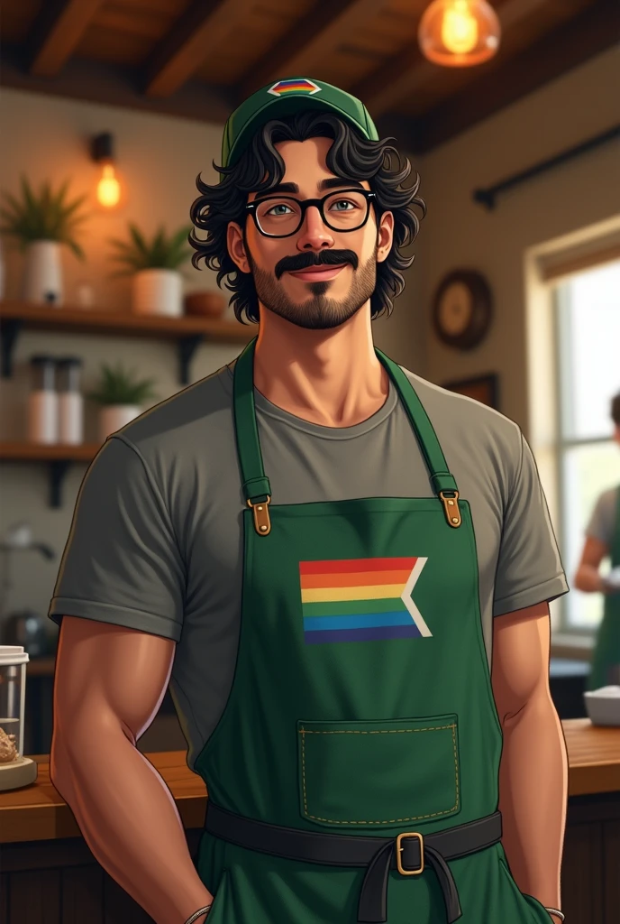 beautiful man wearung baseball cap, curly hair on the back of his head, bisexual flag, barista, green apron, glasses, handlebar mustache, caucasian