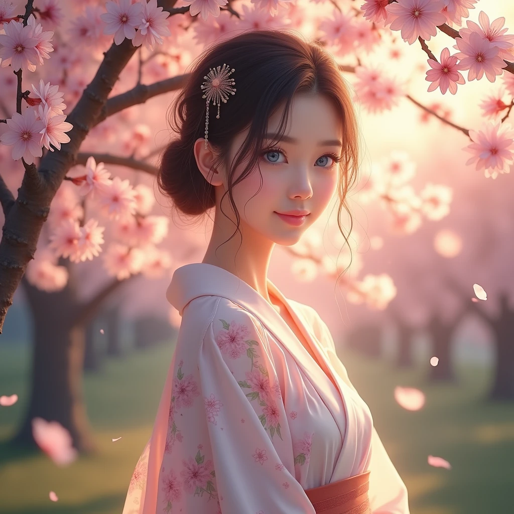 A sexy woman standing under the cherry blossom tree,blue eyes, Wearing a light-colored summer blue clear kimono,Hairpin,Smile,In the twilight,The petals flutter in the wind,(Use a wide-angle lens to capture full-body images:1.9),(masterpiece:1.1),(best quality:1.1)