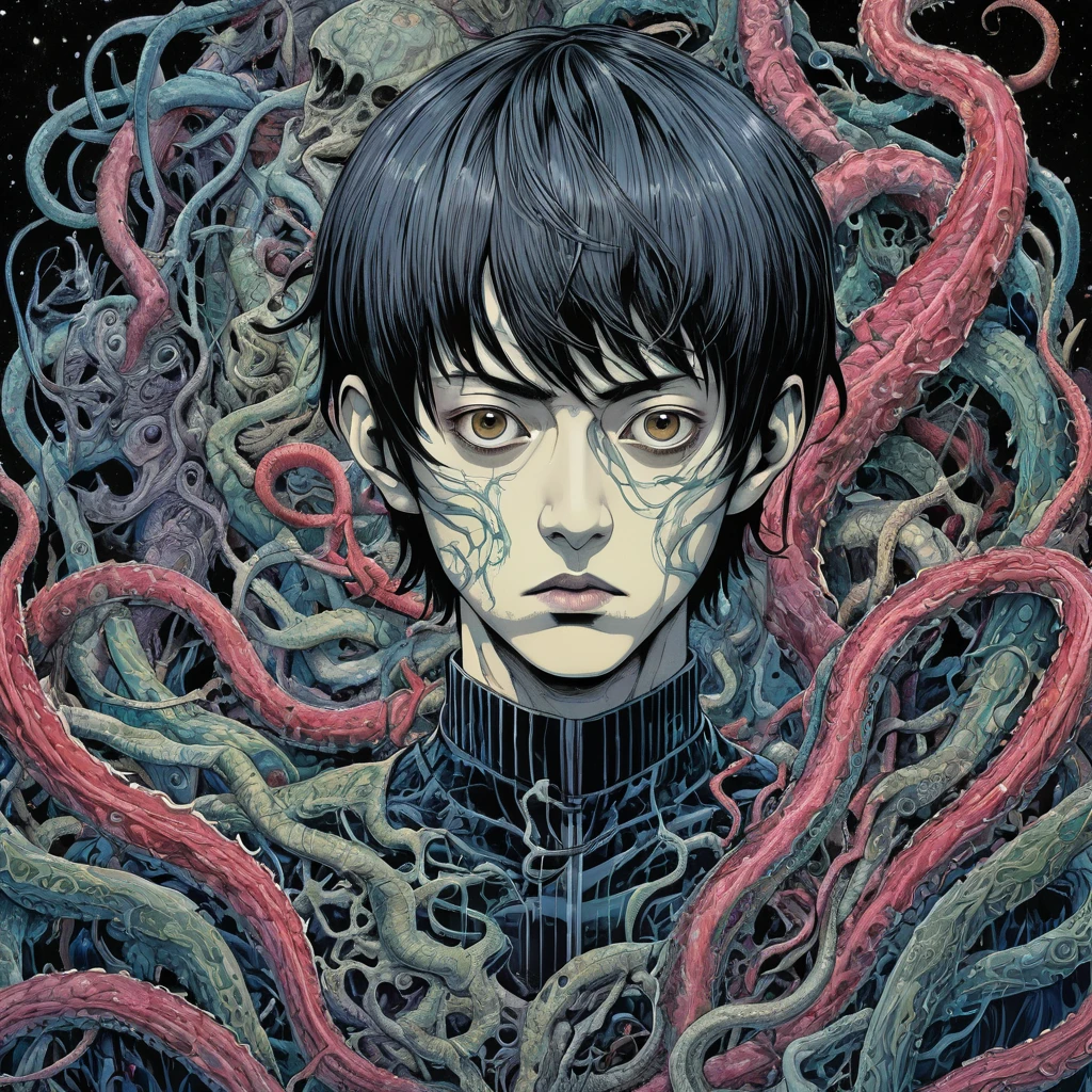 male model, short hair, thin moustache, horror-themed lovecraftian horror Junji Ito, Raw digital photo, Film Washi, "The Frost of (80s style:0.65) (hand drawn, anime:1.2) (girl:0.8) , analogue vhs distortion, intricately detailed linework, vibrant colors", Hisui Sugiura, Intricate and vivid depiction of Junji Ito's work in film form. The artist's signature style is evident throughout, from the detailed linework and vibrant colors to the subtle analogue VHS distortion. The image captures a man in his natural habitat, surrounded by intricate details that bring the scene to life. The overall effect is a stunning representation of Ito's unique vision. Hisui Sugiura Assistant has done an excellent job in capturing the essence of this iconic artist's work. The image is a true masterpiece. . eldritch, cosmic horror, unknown, mysterious, surreal, highly detailed . eerie, unsettling, dark, spooky, suspenseful, grim, highly detailed