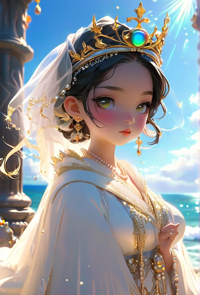 (((King Yemanjá / GOD )))on a SKY a bright light, Sorceress, beautiful female sorceress, (( Yemanjá UHD ))) With a beautiful crown of shells and pearls, volantes+ribbons+detailed in tone , It should look charming and beautiful, Keep the iconic elements of the original character. King GOD must have a sensual round face with large dimensions, clear eyes, long eyelashes and rosy cheeks. Your hair should be in great black tones . Elegant like a king : Vista-se Chibi em um luxuoso e elegante vestido com detalhes standingrolas dourada . He wears a veil on the shore, The character&#39;s costume is a beautiful light blue lace dress. . standing, . Magic Accessories: Add charming accessories to the chibi, shell necklaces and earrings .Be sure to add shadows, textures and details in the hair, God accessories, to make you even more charming and charming. Give him a smiling expression and a smile on his face, Capturing the essence of the character in a subtle way, Delicate hands,( beach scenery, deep surrealistic landscape, king  Yemanjá  and its mermaids ) 16KPensativo, Cabelo branco, Fundo simples, Capuz, Barba, 