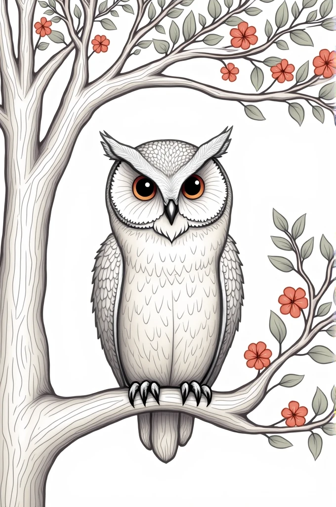 Owl sitting in tree art finevout line aroundctree out linecartcwith flowers