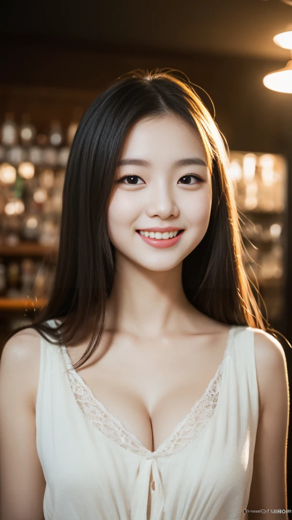 A very cute face like an idol, Looks like a young face, 20-year-old female, Gentle and cute, A kind smile, A slightly see-through white blouse, (whole body像), Cleavage, A crowded bar, Cinema lighting, Natural light, whole body, RAW Photos, Genuine, Artistic, (High level of artistry), High quality that is indistinguishable from real life, realism, Real Stick, High resolution, masterpiece