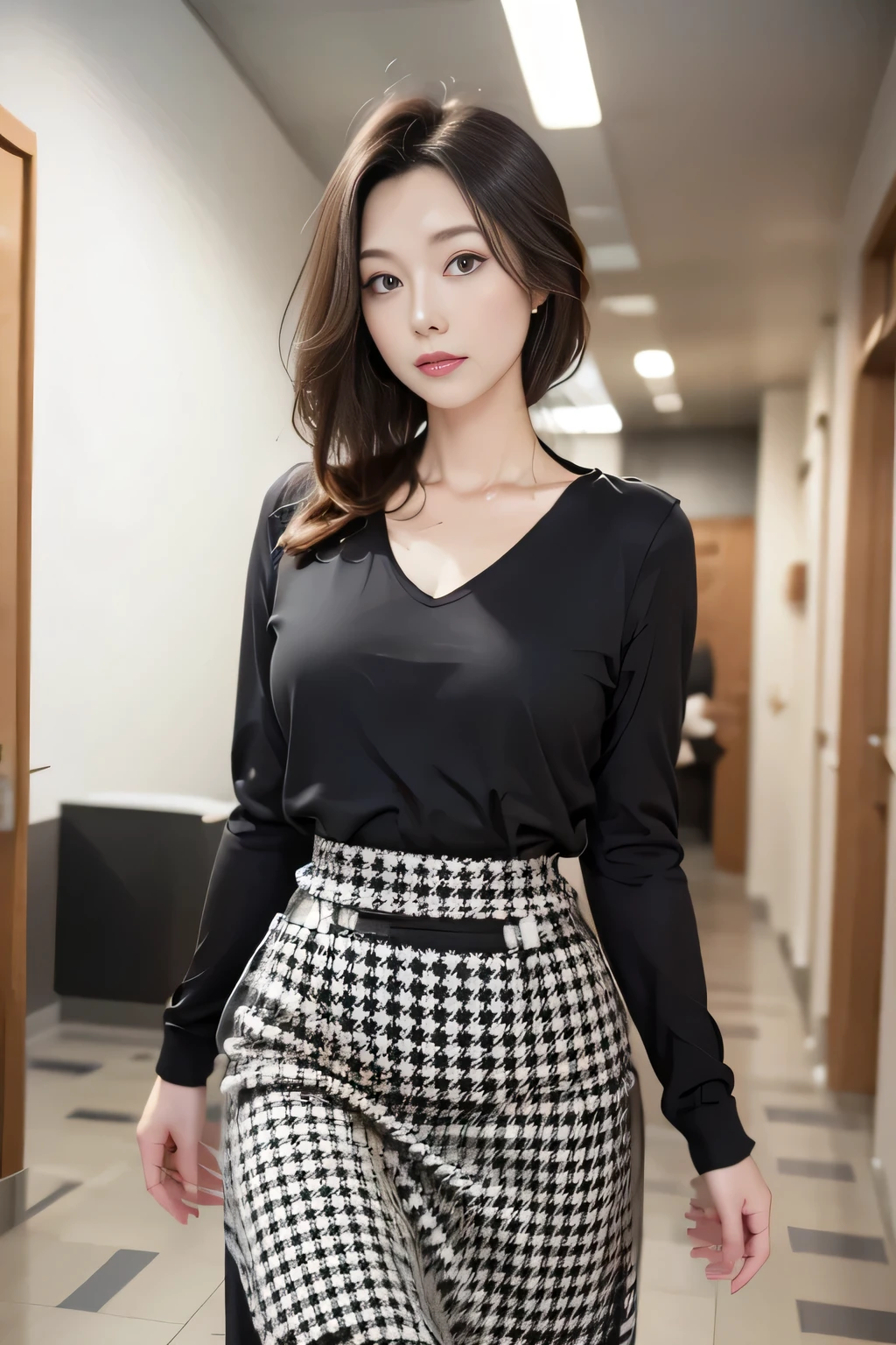 (((Black and white houndstooth long skirt:1.4)))、One Japanese woman、30 years old、(A photo showing you from the waist to the head:1.4)、Walking towards here、Wearing a white blouse、Strap Pin Heel、background:Alley、Detailed eyes、Accurate line of sight、first-person view, uhd, anatomically correct, super detail, high details, best quality, 16K