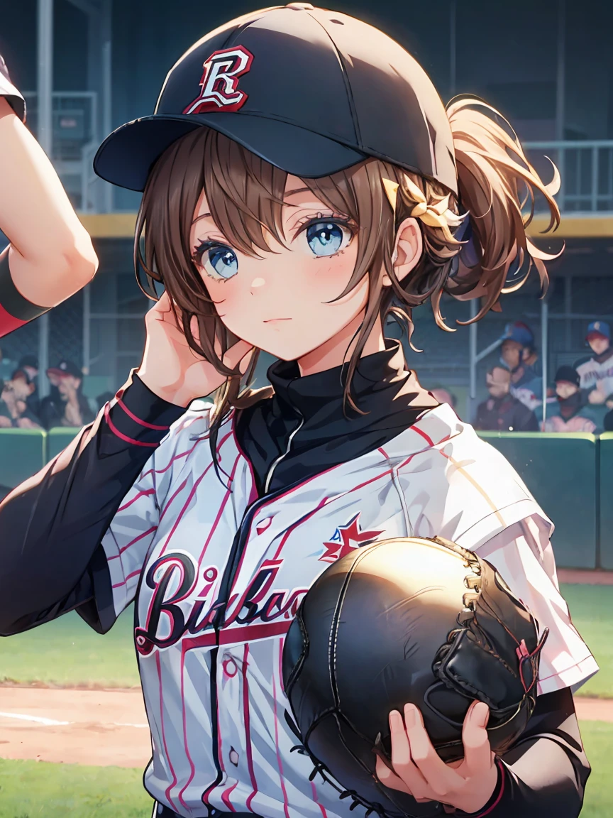 baseball pitcher throwing a ball with her hand over her head on a colored background, baseball mitt, baseball uniform, 1girl, female focus, solo, baseball, sportswear, faceless, baseball cap, hat, faceless male