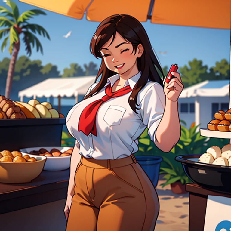 Denise milani, solo, bog fat body, tan skin, brown hair, long hair, 20s style adventurer outfit, torso up, looking at viewer, white pinstripe button shirt, red neckerchief, happy, eyes closed, laughing, brown pants, gun strapped to hip, , mouth open, standing in front of Brazilian market, vendors,