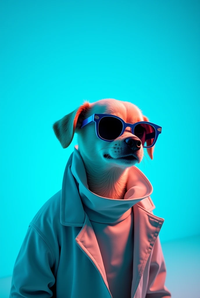The best cell phone wallpaper, Award-Winning Wallpaper, portrait photography, In the front view is a portrait of a cute dog wearing mid-1960s space age fashion, Side view photo, Shot with Canon EOS R5, Set a strong contrast that accentuates the subject, Fluorescent blue tone, Wearing a very modern coat and sunglasses is a modern 1960s style, Clothes all in one color, beautiful background