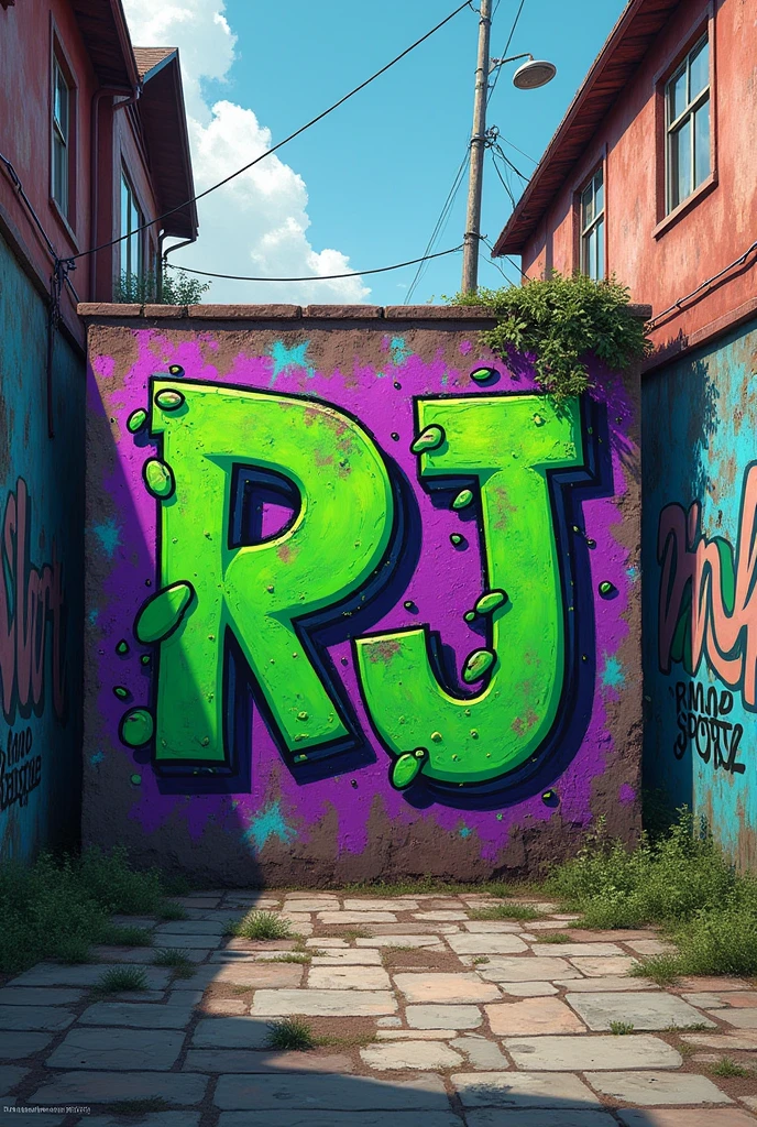 I need a background photo with street art in green and purple colors., on the wall written RJ Sports, in some suburb background, some really dirty art, in some alley RJ Sports