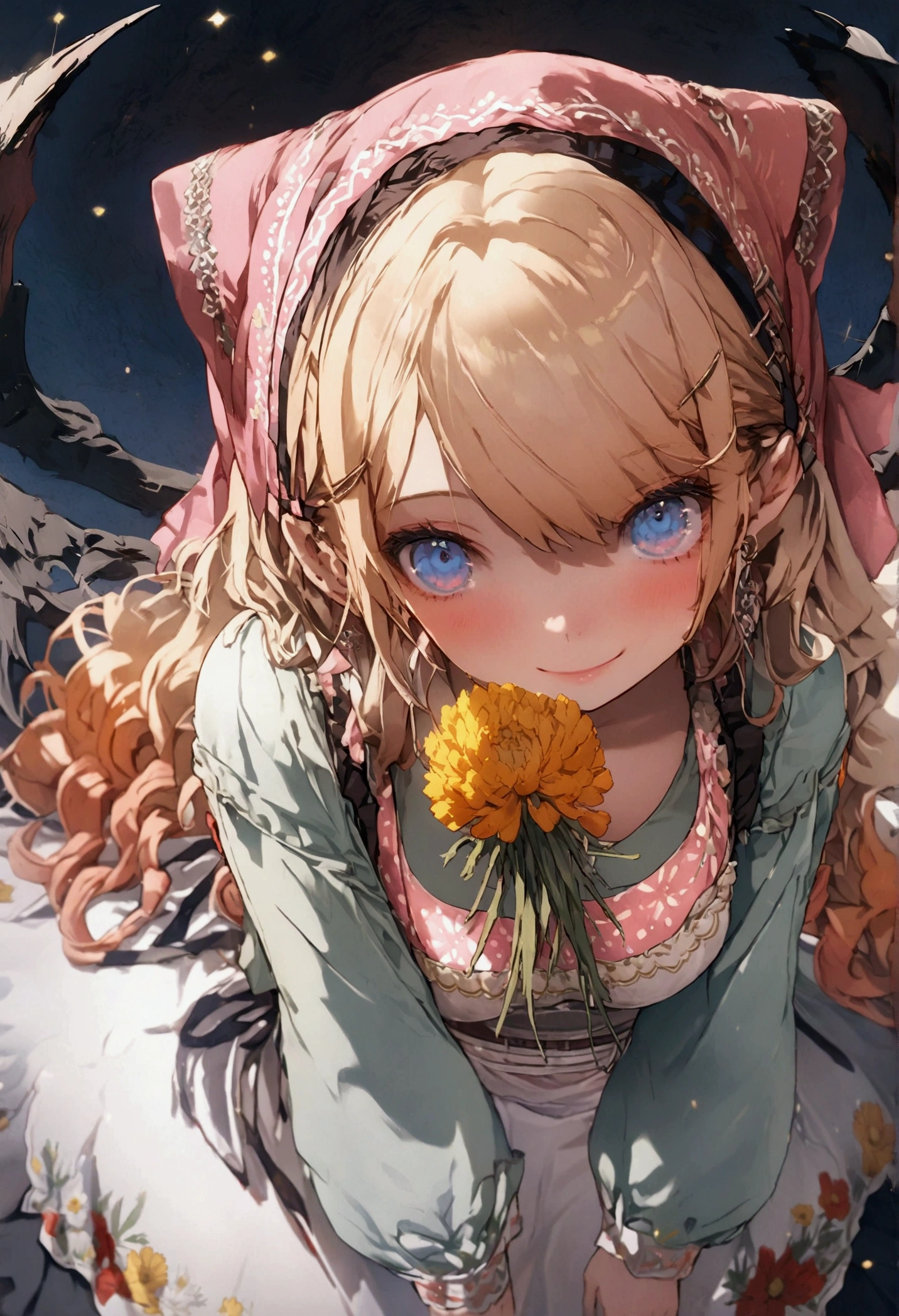 (masterpiece:1.2, best quality), (ultra-detailed), (illustration), (ultra highres), (delicate illustration), (hyper detailed), golden orange hair, gradient hair, very long hair, swept bangs, sidelocks, curly hair, wavy hair, (((((head scarf))))), head bandana, pink apron, flower in hair, marigold, orange flower, dirndl, pink dress, pink dirndl, long sleeves, waist apron, white apron, bow on waist, blue bow, , polish clothing, Slavic clothing, Hungarian clothing, anime, cute,, solo, smile, blue eyes, white stockings, black shoes, full body, straight-on, facing forward