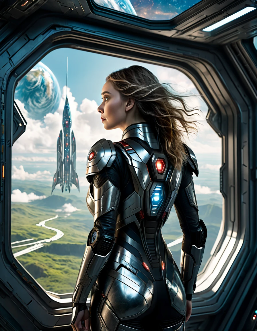 Beautiful and Gorgeous Elizabeth Olsen as a Cyborg Soldier stand in from of Space Ship Big Window looking at Earth, back view, cinematic