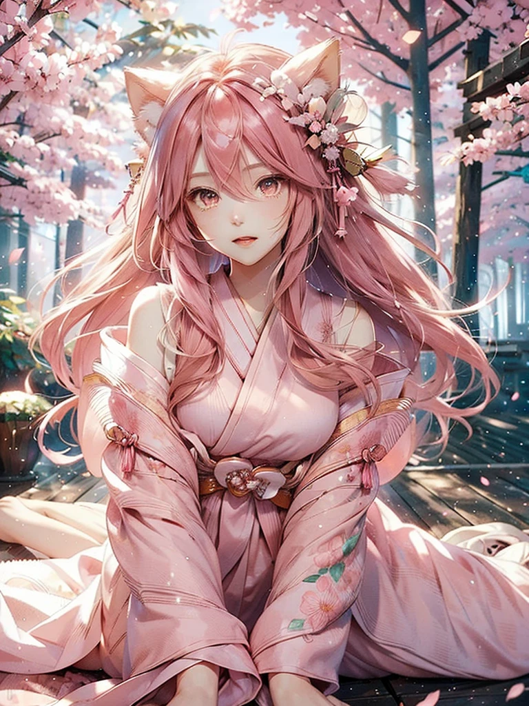 Pink cat ears, Pink cat tail, messy hair, long hair, pink hair, white and pink clothes, pink eyes, slight blush, happy face, sitting in a fantasy forest at night, pink and white kimono, masterpiece details, perfect detailed, beautiful detailed, best effects