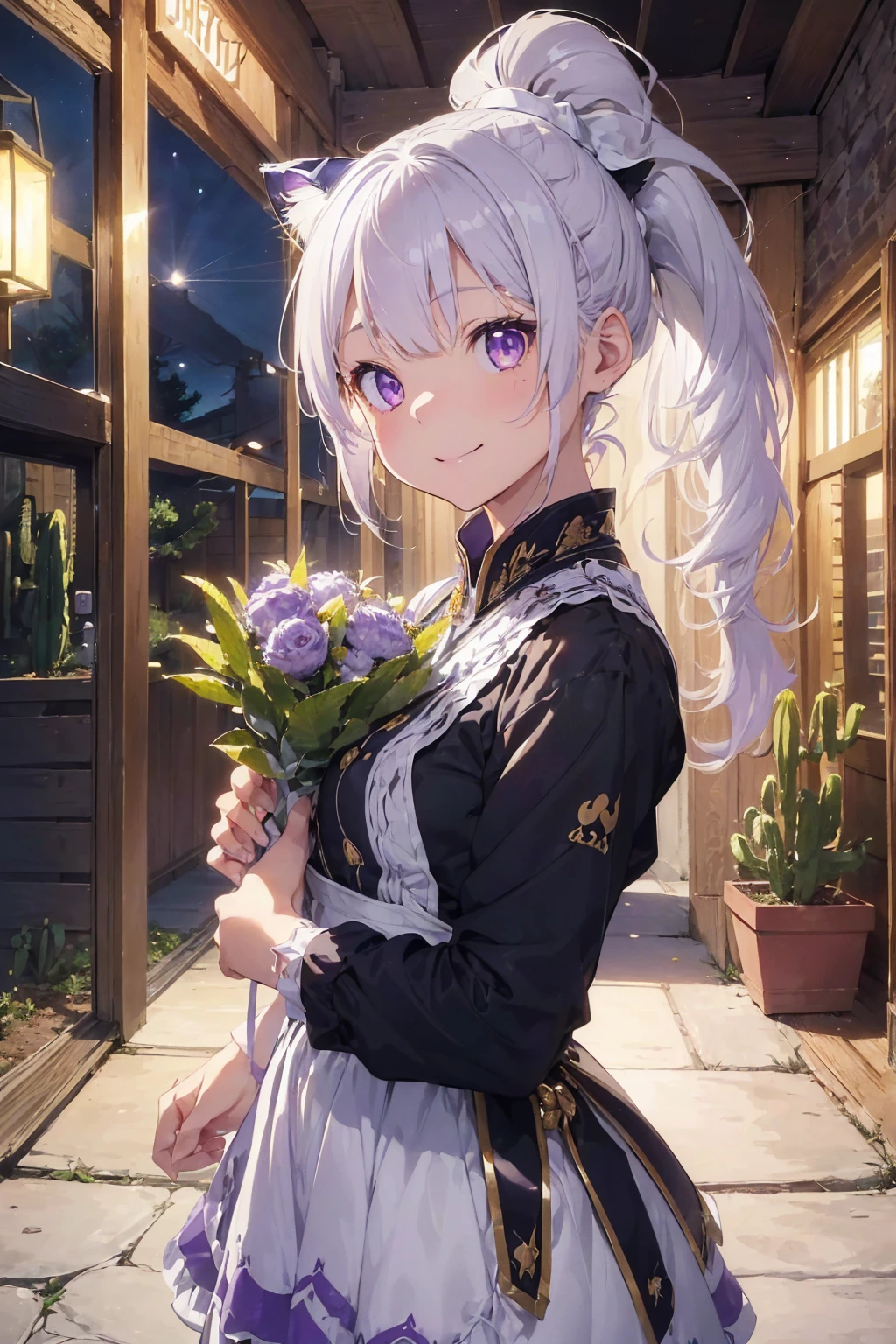 (((masterpiece))), (((Highest quality))), ((Very detailed)), ((Very detailedなイラスト)), ((Ultra-fine painting)), (16K Highest quality wallpaper:1.4), (Detailed and elaborate illustration style,:1.8) Detailed skin texture, High quality fabric, , (T-masterpiece), (Very detailedな顔:1.4), original, RAW Photos, Professional, Intricate details, Very detailed, Direct sunlight:1.6, ,(Cowboy Shot:1.9)、(Perfect Anatomy:1.4), (Extremely elaborate hands:1.2), (Very elaborate fingers:1.2), (Very elaborate fingers先:1.2),, (alone:1.6), (beautiful and adorable cat ears:1.6), (複雑で繊細な白いCat ear:1.5), (beautiful, Shiny white hair:1.6), (Very thin and delicate white hair:1.4),, (Very detailedな顔:1.4),(Light purple eyes:1.6),(smile:1.4),(ponytail:1.7),(wariza:1.9),,
とても繊細でbeautiful,
succulent garden,
Written boundary depth,
Professionalフェッショナル照明,Many big bouquets、Gray Hair、lilac hair eyes、Laughter、、Cat ear、Long sideburns、cactus flower hair ornament、Holding a bouquet、hair that hides human ears、Night view