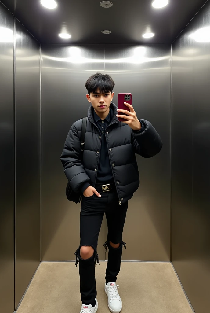 Man hindu with NOT long straight hair combed on both sides, dressed in white nike sneakers, black ripped jeans, BLACK buttoned puffer jacket, Belt with MK buckle and small black shoulder bag, he must to take a picture of himself in the mirror of lift on his iphone 12 in burgundy case