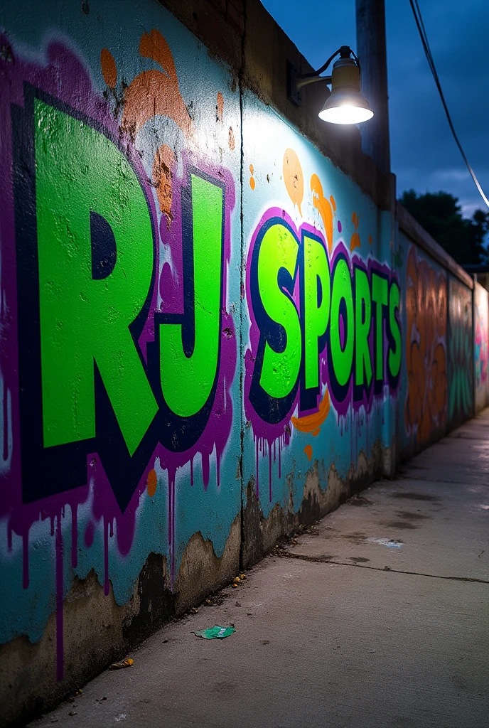I need a background photo with street art in green and purple colors., on the wall written RJ Sports, in some suburb background, some really dirty art, in some alley RJ Sports