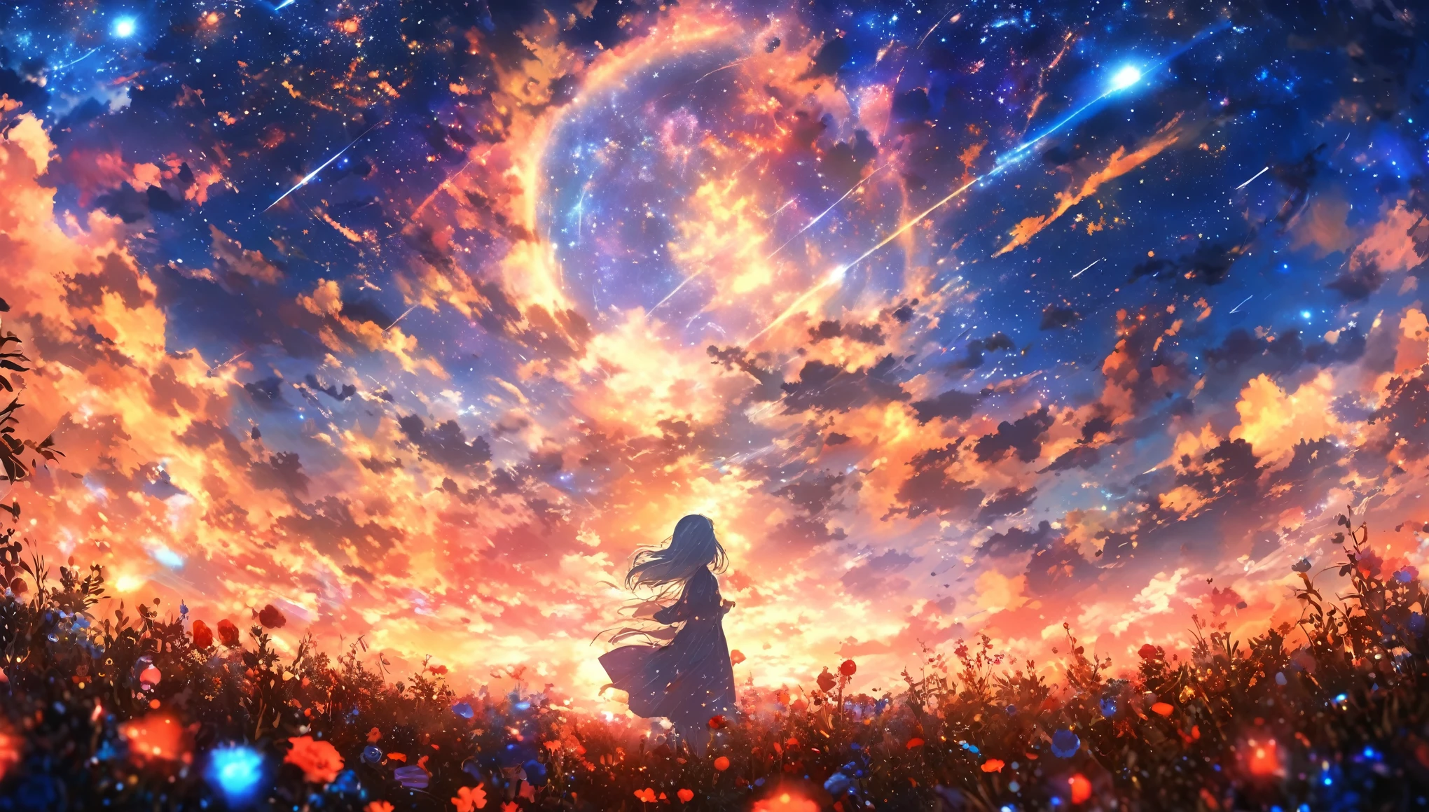 masterpiece, Concept Art, Panorama, in the center, shape, Wide Shot, garden, night, (meteor), Space galaxy background, (Great composition, Epic Scale), Dynamic Lighting, Bright colors, Blue rose,Landscape Long Eyelashes, Round eyes, Silver Hair, Half-closed eyes, sad, Cast a Shadow, Anaglyph, Stereogram, tachi-e, Atmospheric perspective, Wide Shot, reflected light, 8k, Super Detail, Highest quality, Anatomically correct、One Girl